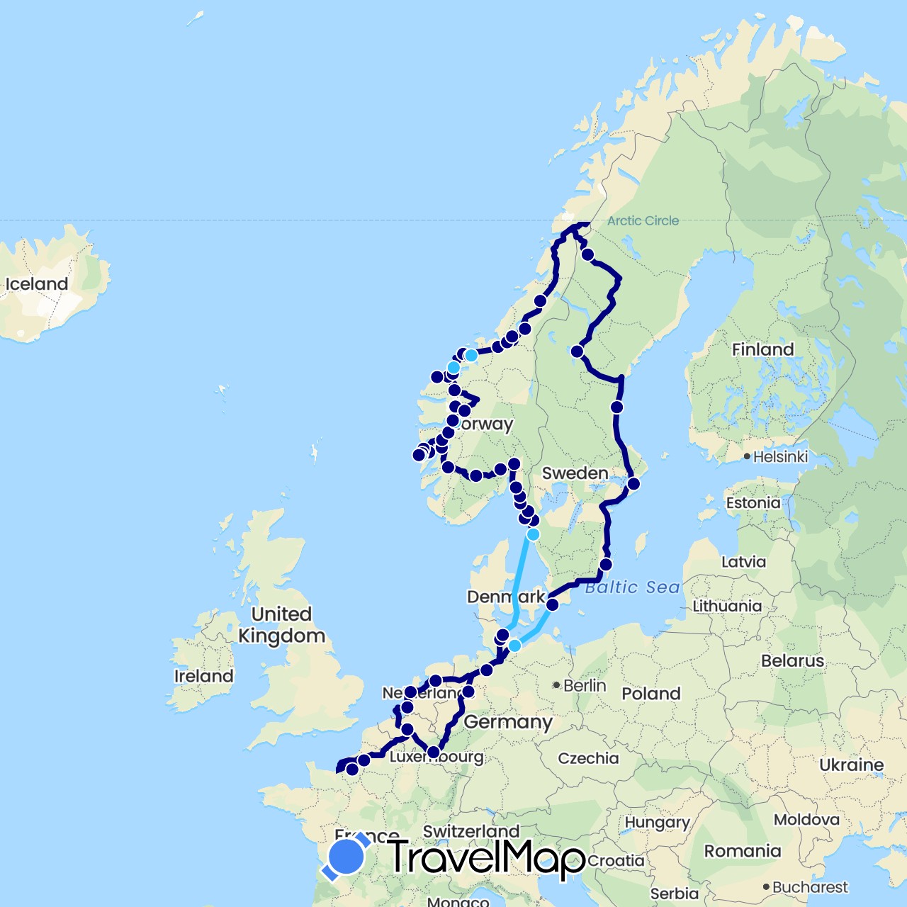 TravelMap itinerary: driving, boat in Belgium, Germany, France, Luxembourg, Netherlands, Norway, Sweden (Europe)