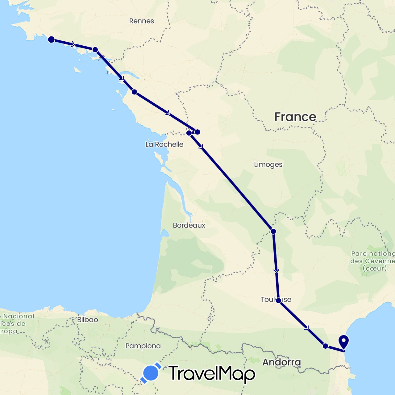 TravelMap itinerary: driving in France (Europe)